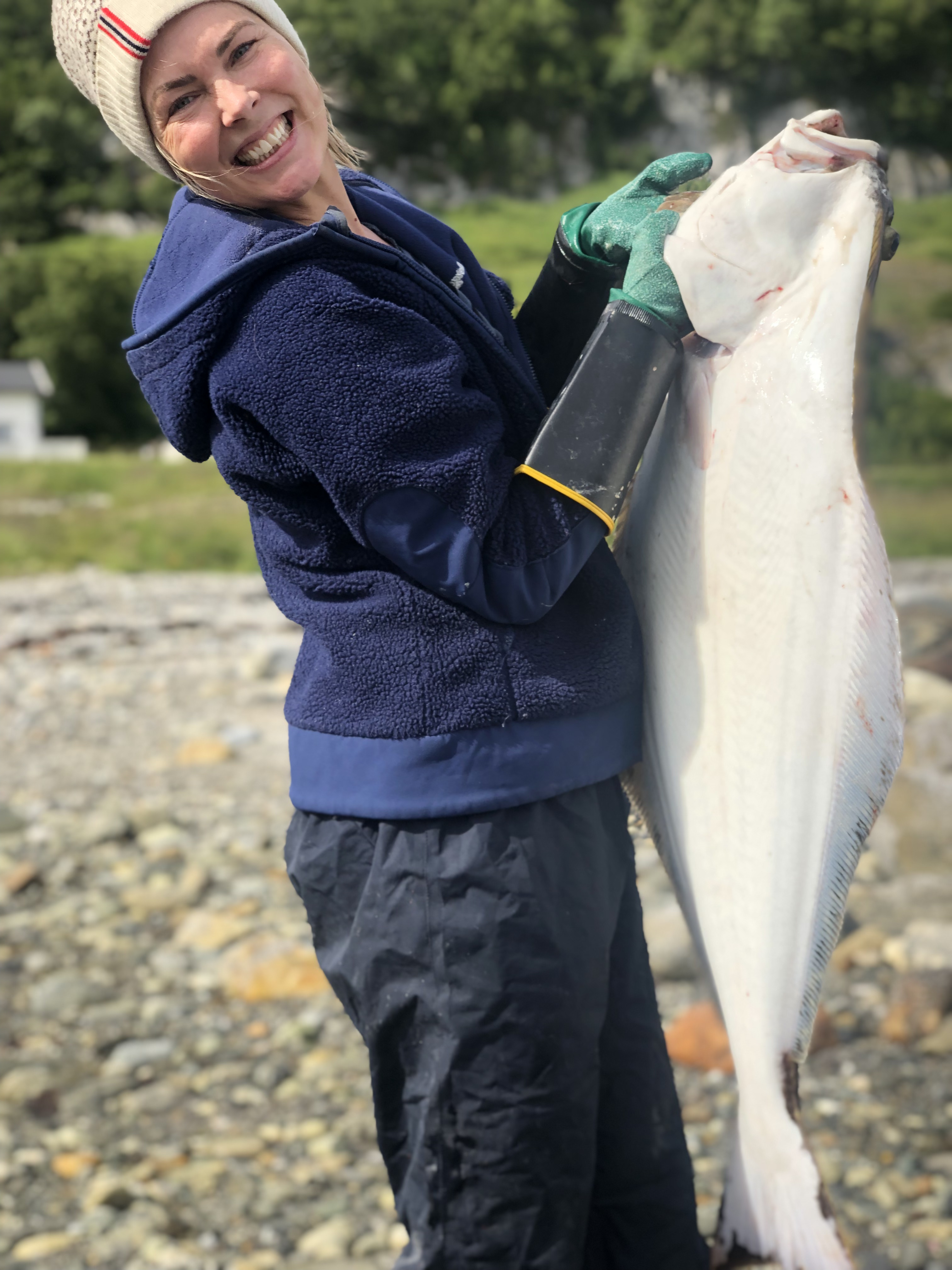 Maria holding a large halibut